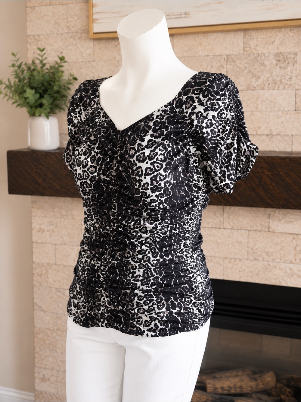 St John Collection Ruched Leopard Print Stretch Knit Top Black White Medium